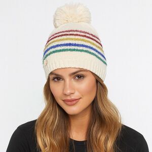Betsey Johnson Rainbow Stripe Pom Beanie One Size Y2K Cute